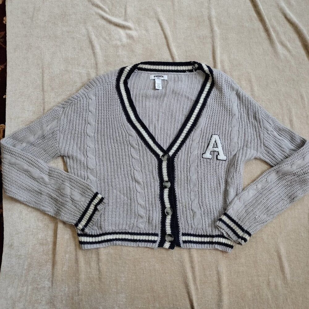 Tilly's RSQ Women's Grey and Blue Varsity Letterman Cardigan Sweater Size Large
